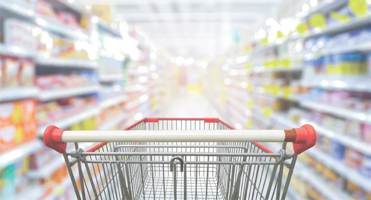 graphic showing a shooping cart in a grocery store aisle